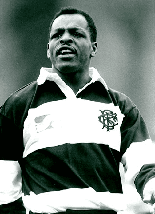 Portrait of Floyd Steadman OBE in a striped rugby shirt
